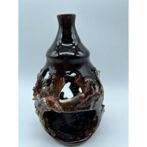 Iceland SA Art Pottery Votive Candle Holder w/ Lava Rock Drip Glaze 7” Signed